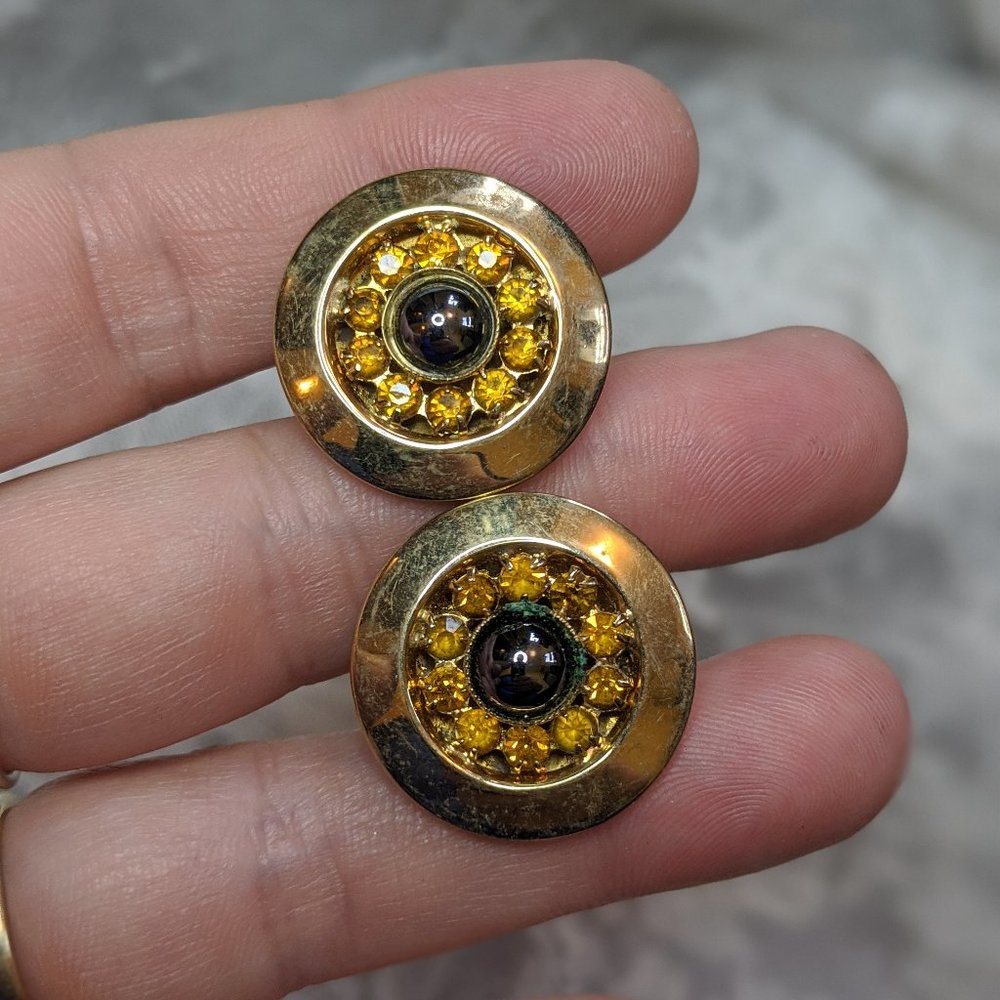VTG amber rhinestone & shiny black cufflinks